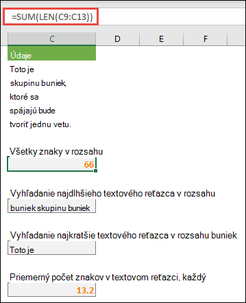 Spočítajte celkový počet znakov v rozsahu a ďalšie polia na prácu s textovými reťazcami