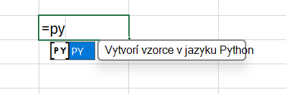 Ak chcete povoliť Python, do bunky zadajte =PY.