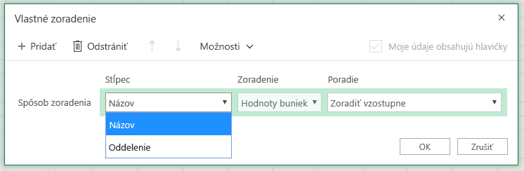 Dialógové okno vlastného zoradenia so stĺpcom Zoradiť podľa riadka je vybraté v stĺpci Názov stĺpca