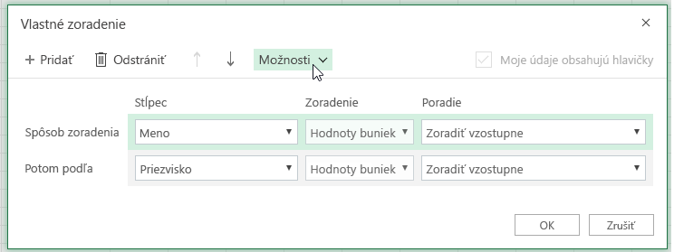 Dialógové okno vlastného zoradenia s vybratým tlačidlom možností