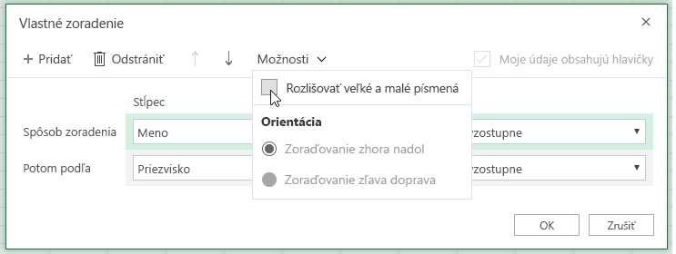 Dialógové okno vlastného zoradenia, vybratá je možnosť s rozlišovaním veľkých a malých písmen