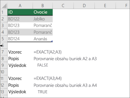 Príklad použitia funkcie EXACT na porovnanie jednej bunky s inou
