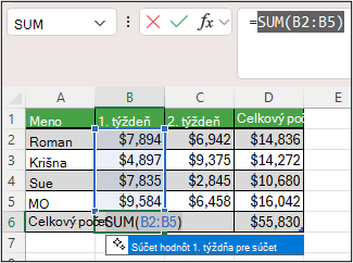 Snímka obrazovky excelovej bunky B6 zobrazujúca vzorec Automatický súčet =SUM(B2:B5) s nižšie uvedenou príručkou pre funkciu Intellisense.