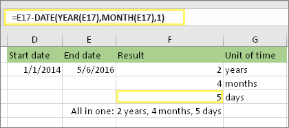 =DATEDIF(D17;E17;md) a výsledok: 5
