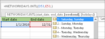 Zoznam Intellisense zobrazujúci 2 – nedeľa, pondelok; 3 – pondelok, utorok atď.