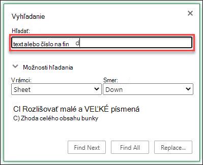 Vyhľadanie textu alebo čísel v zošite alebo hárku stlačením kombinácie klávesov Ctrl + F
