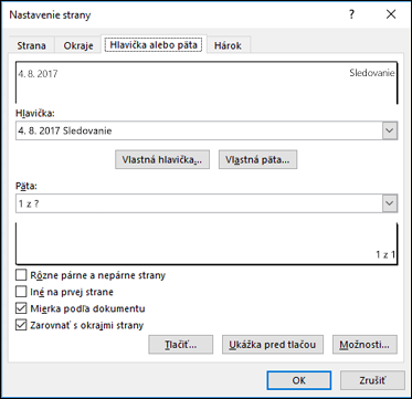 Nastavenie > strany Možnosti hlavičiek a piat