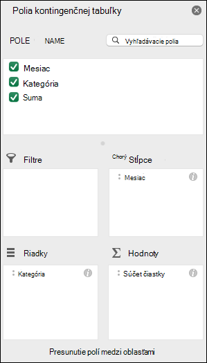 Príklad dialógového okna Excelu Polia kontingenčnej tabuľky