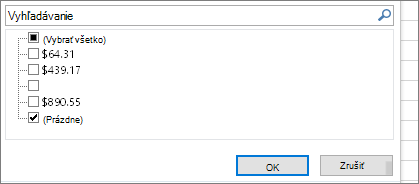 Ponuka Filter so zrušeným začiarknutím políčka Vybrať všetko, začiarknuté políčko (Prázdne polia)