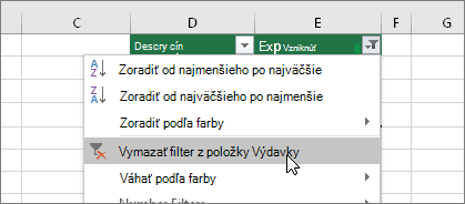 Ponuka Filter, Vymazať filter z ...