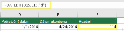Bunka D15 s hodnotou 1.1.2016, bunka E15 s hodnotou 24.4.2016, bunka F15 so vzorcom: =DATEDIF(D15;E15;d) a výsledkom 114