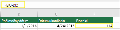 Bunka D10 s hodnotou 1.1.2016, bunka E10 s hodnotou 24.4.2016, bunka F10 so vzorcom: =E10-D10 a výsledkom 114