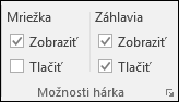 Možnosti > hárka Rozloženie > strany Tlač nadpisov