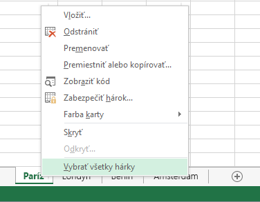 V ponuke, ktorá sa zobrazí po kliknutí pravým tlačidlom myši, je vybratá položka Vybrať všetky hárky.