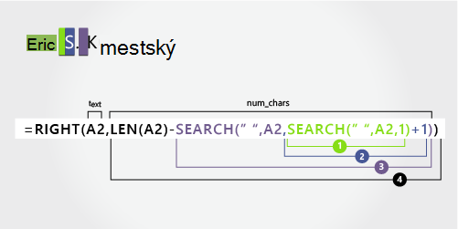 Druhá funkcia SEARCH vo vzorci na oddeľovanie krstného mena, ďalšieho mena a priezviska