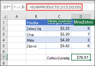 Príklad funkcie SUMPRODUCT, ktorá sa používa na vrátenie súčtu predaných položiek, ak sú poskytnuté jednotkové náklady a množstvo.