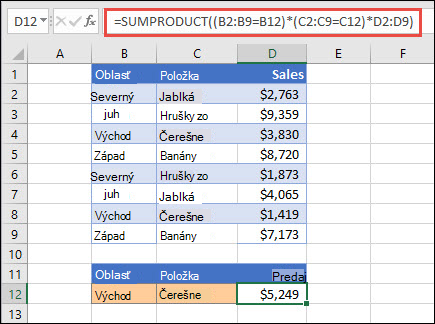 Príklad použitia funkcie SUMPRODUCT na vrátenie súčtu položiek podľa oblasti. V tomto prípade počet čerešní predaných vo východnom regióne.