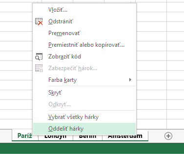 V ponuke, ktorá sa zobrazí po kliknutí pravým tlačidlom myši, je vybratá položka Oddeliť hárky.