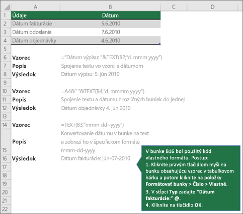 Príklady na znázornenie kombinácie textu s hodnotami dátumu a času vo vzorcoch