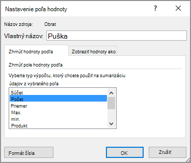 Dialógové okno Pole hodnoty – nastavenie