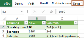 Výber bunky v dotaze na zobrazenie karty Dotaz