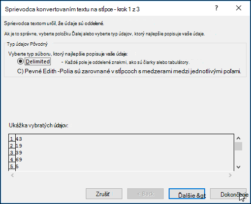 Obrázok dialógového okna Text na stĺpce údajov >