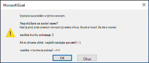 Obrázok dialógového okna Excelu Problém s týmto vzorcom