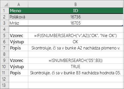 Príklady funkcií IF, ISNUMBER a SEARCH