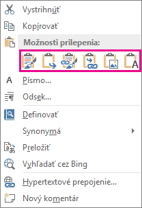 Skupina tlačidiel s piatimi možnosťami prilepenia excelových grafov do Wordu