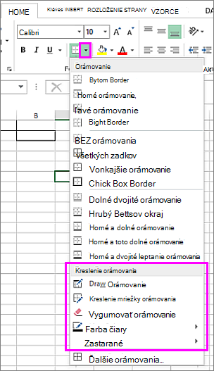 Rozbaľovacia ponuka orámovania na výber možností kreslenia orámovania
