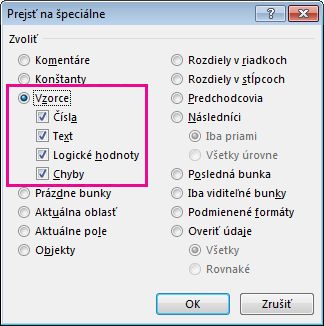 Možnosti vyhľadávania vzorcov v okne Prejsť na špeciálne