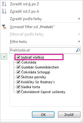 Políčko Vybrať všetko v galérii zoraďovania a filtrovania