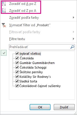 Príkazy na zoraďovanie v galérii zoraďovania a filtrovania