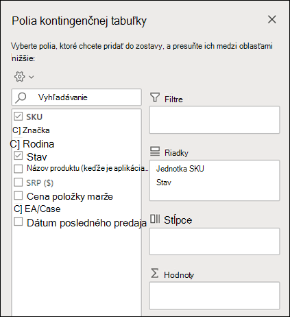 Polia kontingenčnej tabuľky v Exceli pre web
