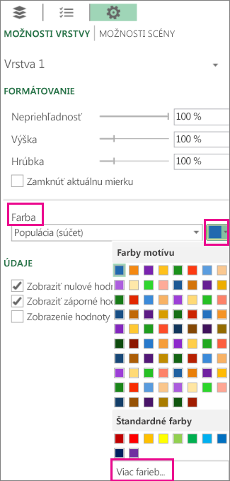 Farby na karte Možnosti vrstvy v nastaveniach