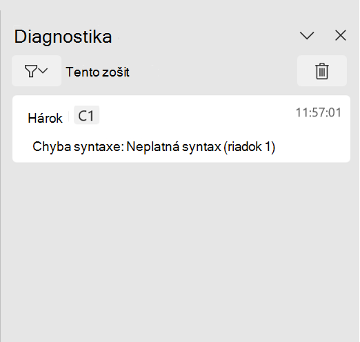 Pracovná tabla Diagnostika jazyka Python v Exceli zobrazujúca syntaktickú chybu.