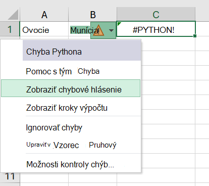 Chyba v jazyku Python v excelovej bunke s otvorenou ponukou chýb.