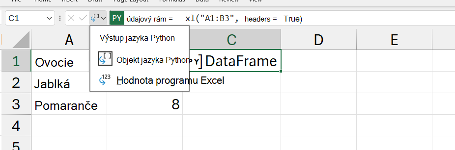 Otvorená ponuka výstupu Pythonu v Exceli.