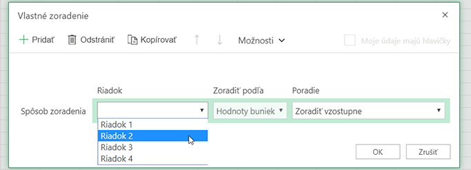 Rozbaľovacia ponuka riadka v dialógovom okne vlastného zoradenia sa otvorí, keď vyberiete možnosť zoradenia zľava doprava