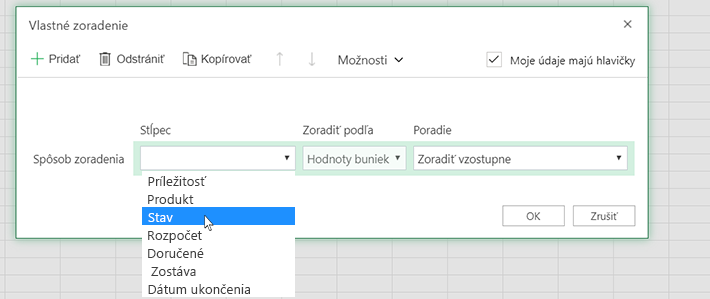 Výber stĺpca v dialógovom okne vlastného zoradenia