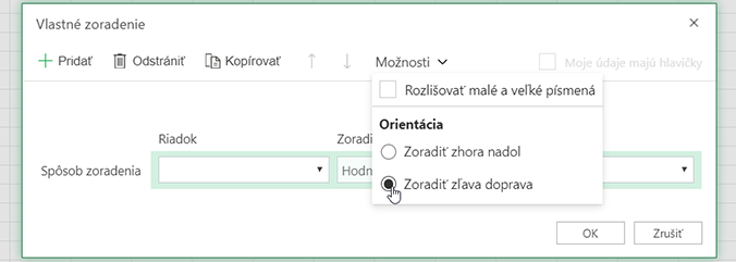Vlastné zoradenie, otvorenie ponuky Možnosti a výber položky zoradiť zľava doprava