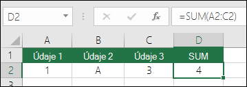 Správna štruktúra vzorca. Namiesto =A2+B2+C2 je vzorec bunky D2s =SUM(A2:C2)