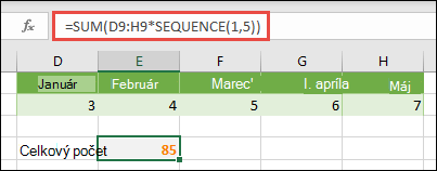 Použite konštanty poľa vo vzorcoch. V tomto príklade sme použili vzorec =SUM(D9:H(*SEQUENCE(1;5))