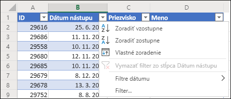 Použitie filtra excelovej tabuľky na vzostupné alebo zostupné zoradenie