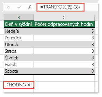 Chyba #HODNOTA! vo funkcii TRANSPOSE