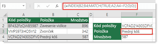 Ak používate funkcie INDEX a MATCH s hľadanou hodnotou väčšou ako 255 znakov, musíte ju zadať ako vzorec poľa. Vzorec v bunke F3 je =INDEX(B2:B4;MATCH(TRUE;A2:A4=F2;0);0) a zadá sa stlačením kombinácie klávesov CTRL + Shift + Enter