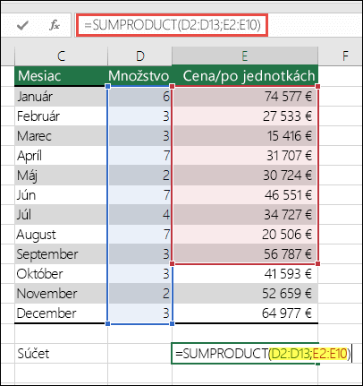 Vzorec funkcie SUMPRODUCT, ktorý spôsobí chybu, je =SUMPRODUCT(D2:D13;E2:E10) – hodnota E10 sa musí zmeniť na E13, aby zodpovedala prvému rozsahu E10.
