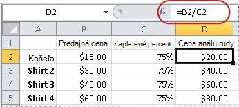 Príklad vzorca na výpočet percentuálnej hodnoty