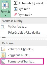 Tlačidlo Formát na karte Domov a tlačidlo Formátovať bunky v ponuke