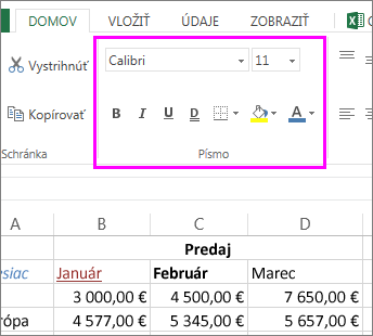 Tlačidlá na nastavenie písma na páse s nástrojmi